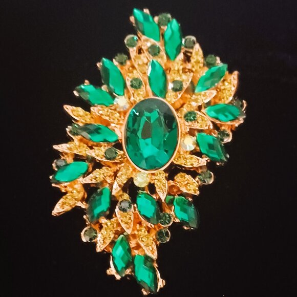 Gorgeous 4 " Green Rhinestone Brooch - Picture 2 of 5